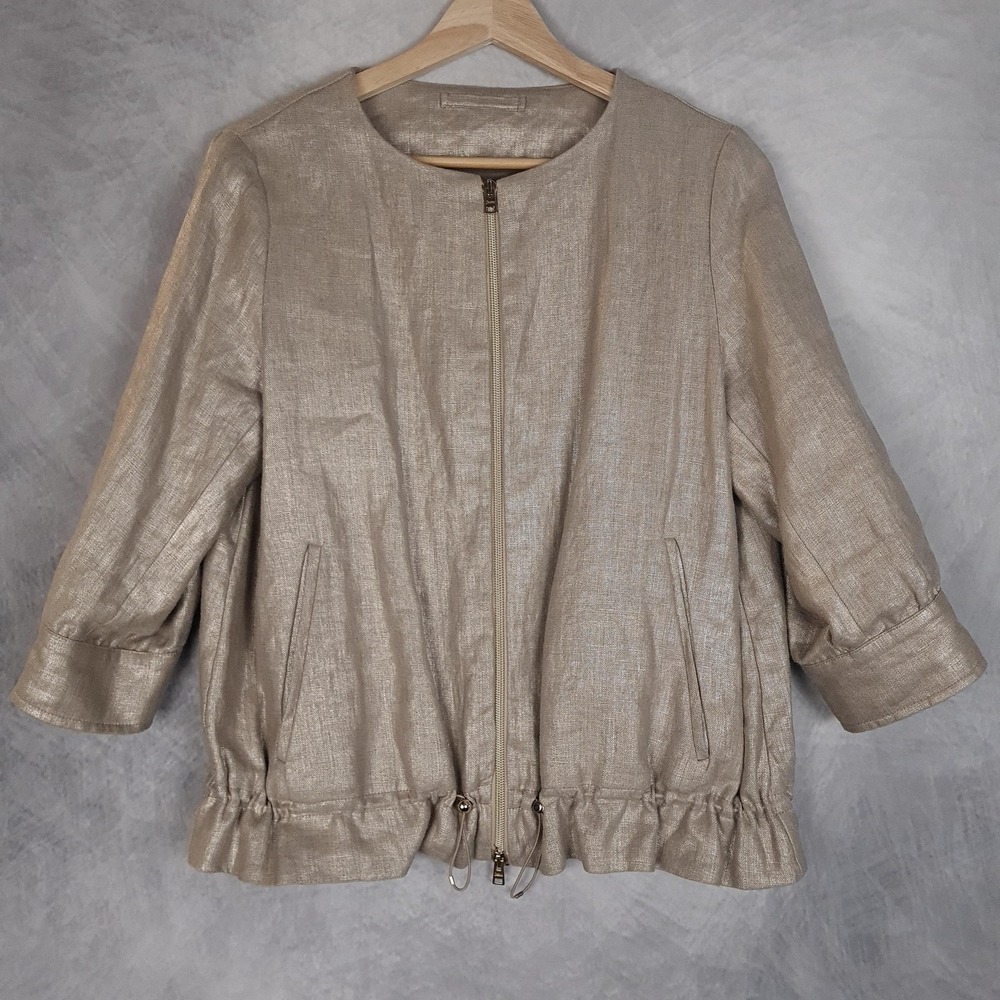 Herno Jacket Womens 40 Gold Linen Metallic Ruffle Hem 3/4 Sleeve Made Italy